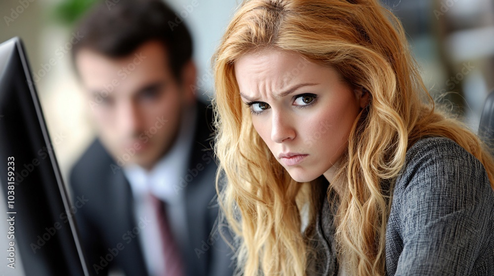 Poster Office worker looking anxiously at a computer while another person manipulates company data without permission Stock Photo with side copy space