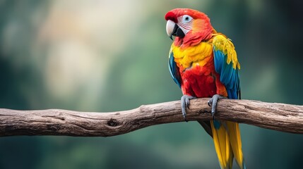 Colorful parrot perched on a branch, vibrant feathers on a blurred background.