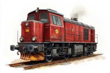 Obraz premium Red Diesel Locomotive Train Engine on Railway Tracks Illustration