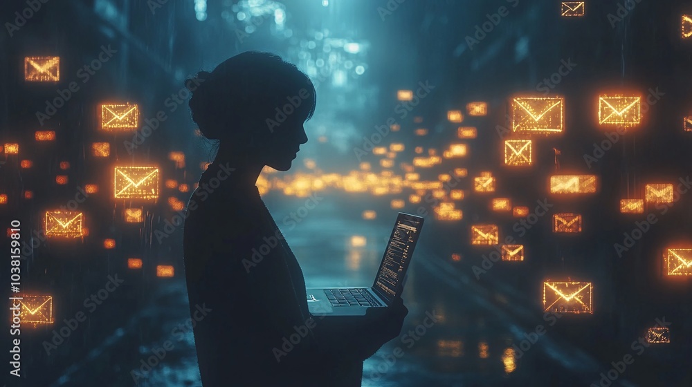 Poster a person with a laptop surrounded by phishing emails and digital warnings on the screen stock photo 