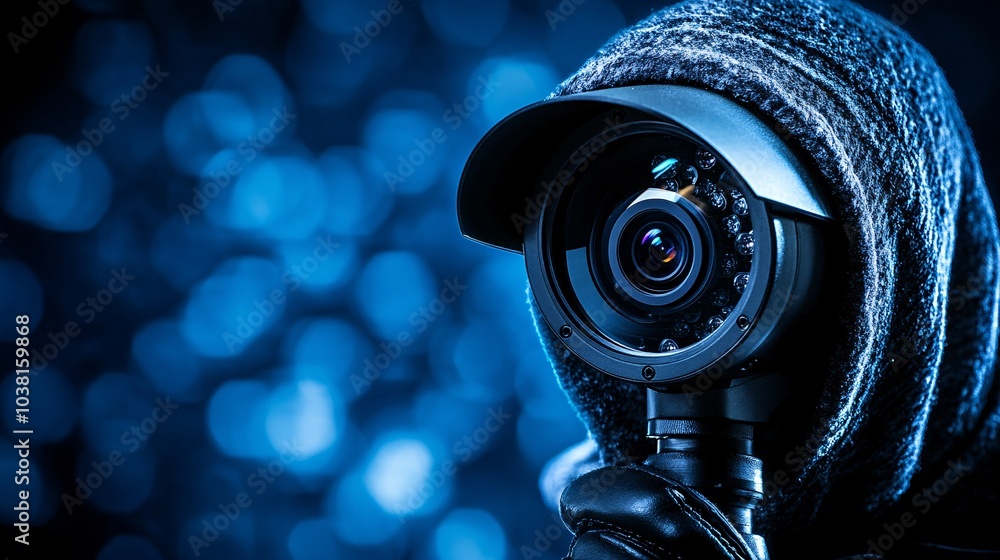 Fototapete A security camera view showing a masked figure attempting to break into a building during the night Stock Photo with side copy space
