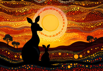 Aboriginal Art - Kangaroo and Sunset.