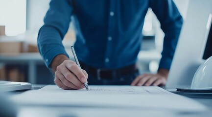 Blueprint details being analyzed by engineers in a construction office. construction design expert.