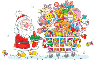 Happy Santa Claus walking with a shopping cart full of colorful gifts, toys and sweets for little children, vector cartoon illustration isolated on a white background