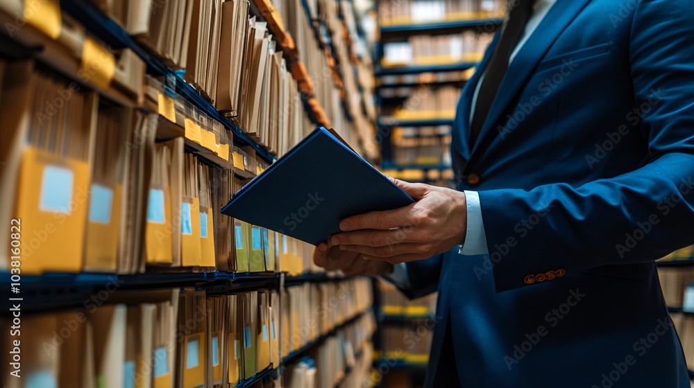 Poster Office worker discovering that sensitive company data has been stolen by an internal employee Stock Photo with side copy space