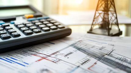 Close-up image of a calculator, a model of an electricity pylon, and a utility bill.