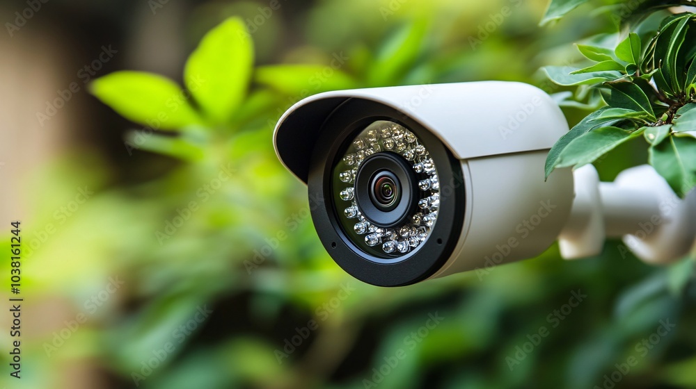 Poster security camera footage showing a thief trying to enter a home while the family is away stock photo 