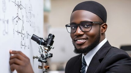 Confident Scientist: A young, driven scientist with a warm smile and a confident gaze, standing beside a whiteboard covered in complex equations.