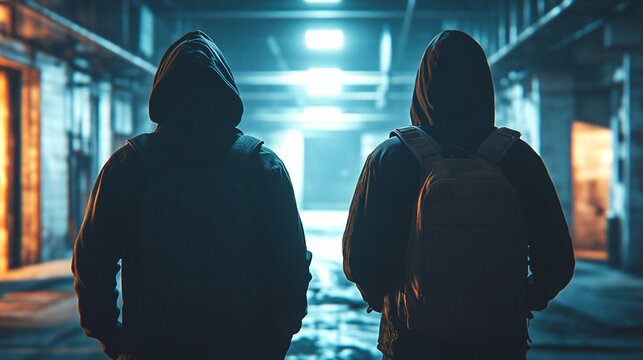 Masked individuals plotting a burglary inside an abandoned warehouse late at night Stock Photo with side copy space