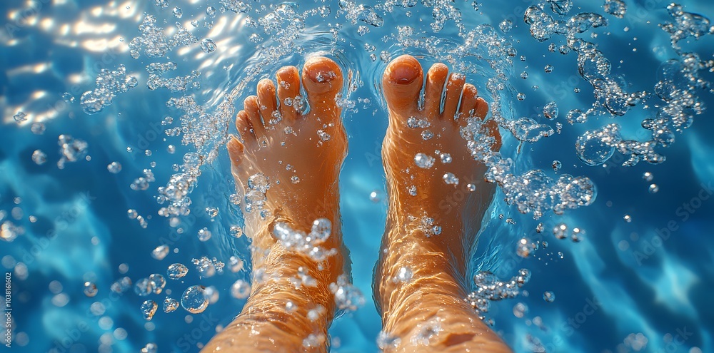 Poster close-up of feet submerged in water, creating splashes and bubbles.
