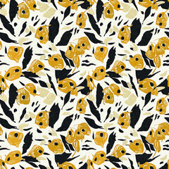 Modern printed fabric wildflower blockprint pattern with linen fabric textures. Stylized hand drawn boho dark florals for decorative design elements in repeatable background tile.