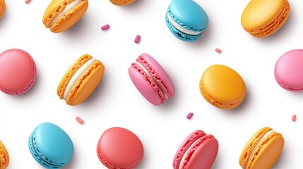 Assorted Macarons in Bright Colors on White Background