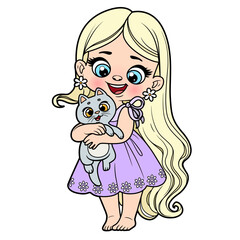 Cute cartoon long haired girl with cat in hands on white background