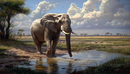 Elephant Drinking at a Watering Hole.