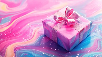 Pink surprise gift box for birthday, valentine, door prize, giveaway package, wedding anniversary and so on. Colorful abstract fluid effect background 