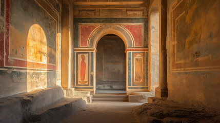 Obraz premium An interior view of an Etruscan tomb, adorned with vibrant frescoes and earthy stone walls, highlighting the intricate details of the artwork.