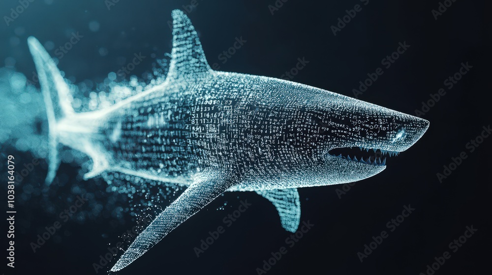 Poster explore a striking digital shark representing the fusion of technology and marine life. this 3d visu