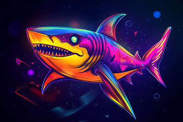 A vibrant, stylized shark illustration with neon colors and dynamic shapes.