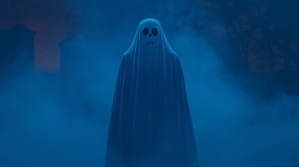 Eerie ghostly figure looms in misty landscape evoking haunting atmosphere perfect for halloween themes and spooky storytelling