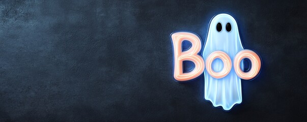 Spooky neon ghost with boo text on dark background perfect for halloween decoration and themed events
