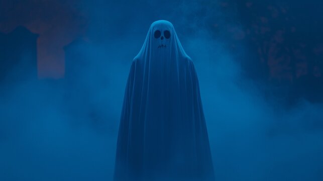 Eerie ghostly figure looms in misty landscape evoking haunting atmosphere perfect for halloween themes and spooky storytelling