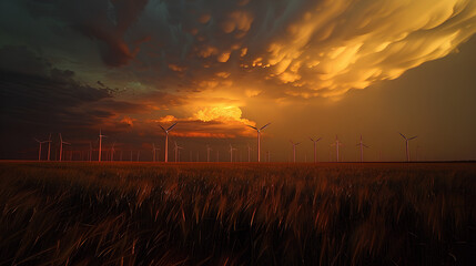 Fototapeta premium A row of wind turbines stand tall against a vibrant sunset sky with dramatic clouds.