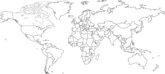 World map on white background. World map template with continents, North and South America, Europe and Asia, Africa and Australia