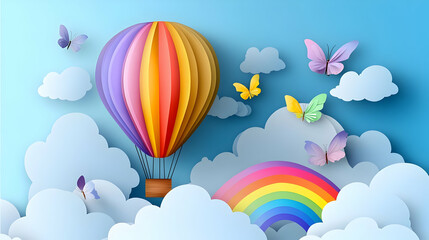 Obraz premium Colorful Hot Air Balloon and Butterflies in the Sky with Rainbow.