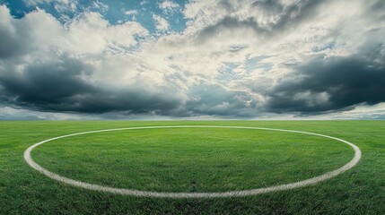Obraz premium A soccer field's center circle with focus on the grass pattern and center mark, outdoor setting with cloudy sky, Classic style