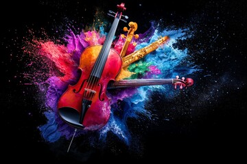 Fototapeta premium Vibrant Musical Instruments with Colorful Paint Splashes