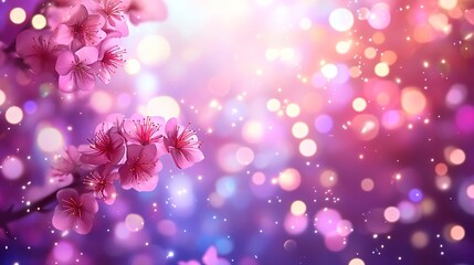 Spring cherry blossom tree blooming with abstract blurred lights festive background 