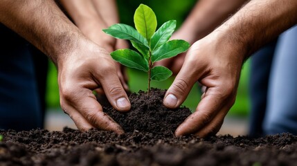 Nurturing Growth: Two hands carefully plant a sapling in rich soil, symbolizing the potential for growth and the importance of environmental stewardship.  