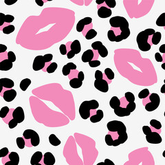Pink lips and abstract leopard print on white background. Seamless pattern with kiss and exotic wild animal spot silhouette. Vector stock illustration © Gizele
