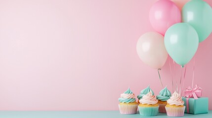 Colorful Party Setup with Cupcakes and Balloons on Pastel Background for Celebrations and Events