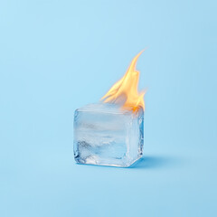Burning ice cube paradoxically set aflame, defying natural expectations, isolated on pastel blue background. Minimal concept of contradiction, unexpected transformation, duality.