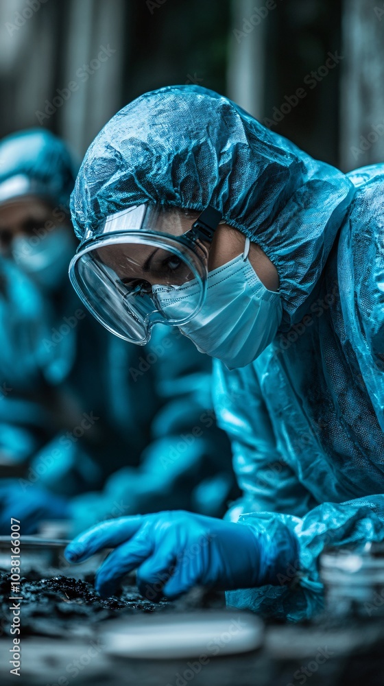 Poster forensic team working under bright lights in an urban crime scene stock photo with side copy space