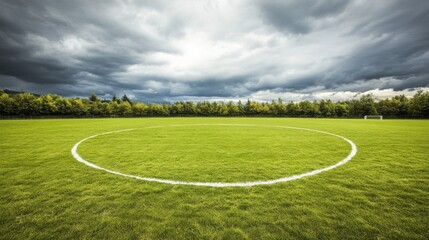Obraz premium A soccer field's center circle with focus on the grass pattern and center mark, outdoor setting with cloudy sky, Classic style