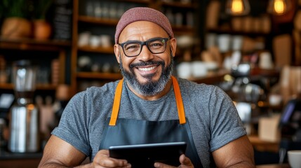 Smiling Barista with Tablet: A friendly barista, a man of color, looks directly at the camera with a warm, genuine smile. He stands behind his counter, holding a tablet.