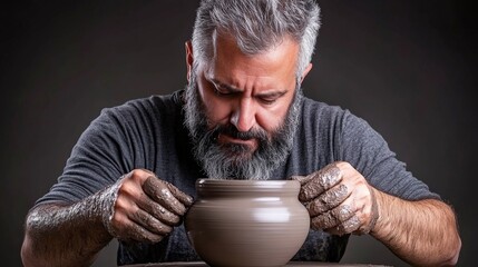 The Potter's Touch: A skilled craftsman, hands covered in clay, meticulously molds a vessel on a pottery wheel. The raw material, the artist's focus.