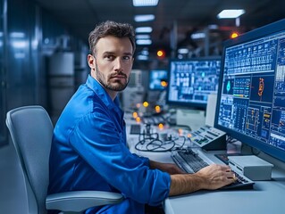 Fototapeta premium Nuclear Power Plant Control Room Operator at Work