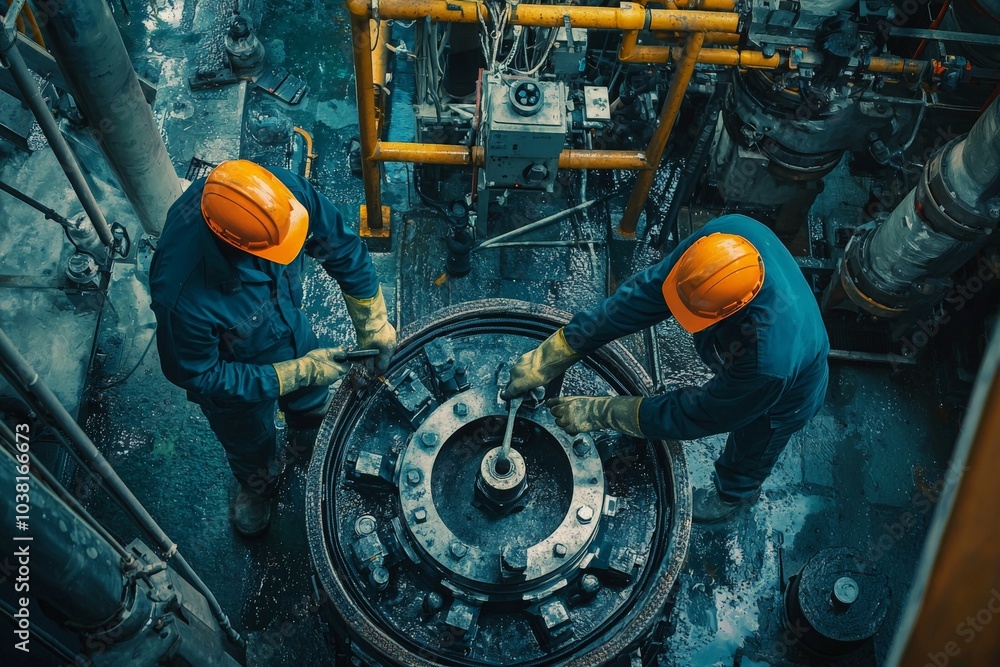 Wall mural maintenance specialists working on reactor components