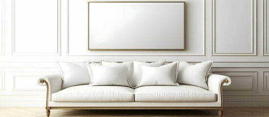 Fototapeta premium White Sofa with Pillows in a Modern Room.
