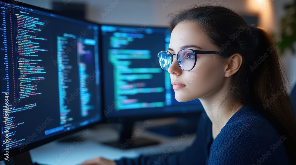 Poster empowered female programmer collaborates in a dynamic tech office to innovate software solutions wit