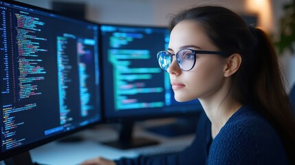 Empowered Female Programmer Collaborates in a Dynamic Tech Office to Innovate Software Solutions with Her Team