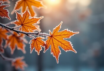 Fototapeta premium Frosty Mornings: A Mesmerizing View of Maple Leaves Covered in Frost, Celebrating the Coolness of Autumn in Stunning