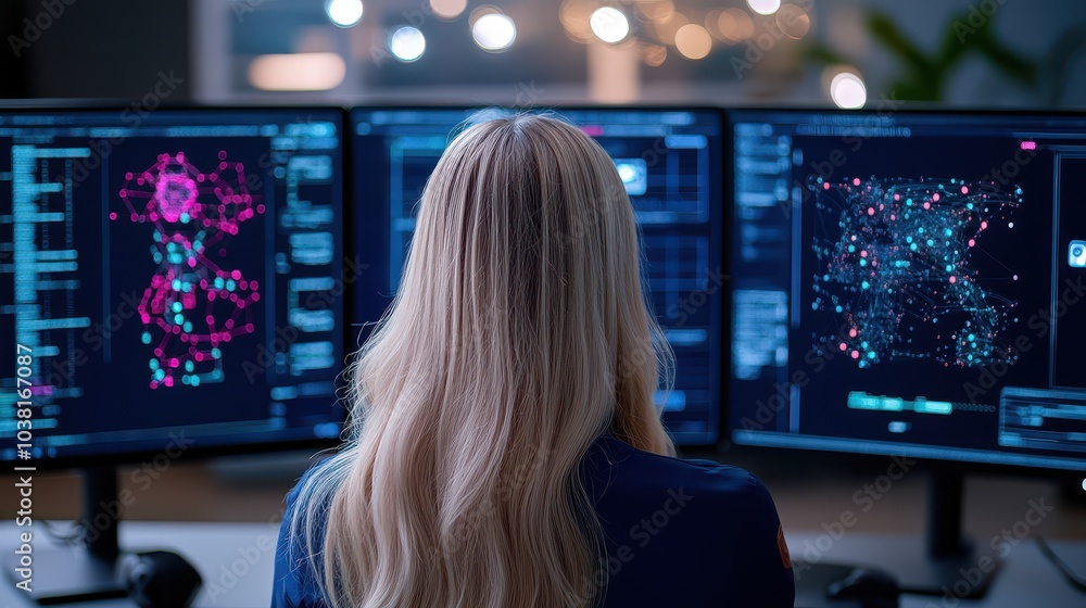 Poster empowered female cybersecurity analyst vigilantly monitoring network security across multiple high-t