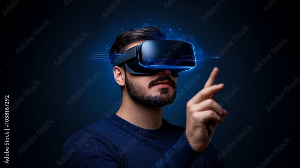 Poster man exploring metaverse: a bearded man with a focused expression uses a vr headset, his finger exten