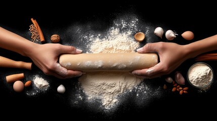 Fototapeta premium Artisan Baker's Hands Kneading Dough: A top-down, close-up shot showcasing hands skillfully rolling dough on a dark background, surrounded by baking ingredients.