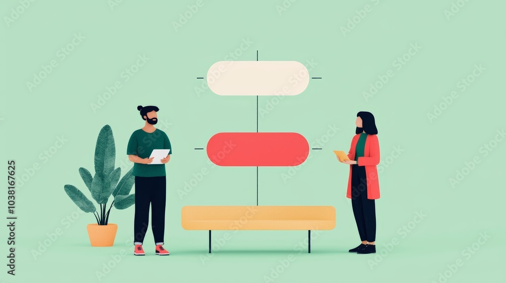 Poster illustration of customer journey concept with two people analyzing data and interacting with a flowc
