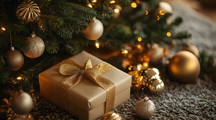 A Golden Gift Box Under a Decorated Christmas Tree